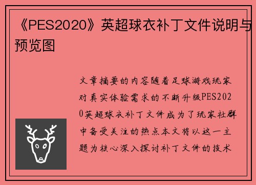 《PES2020》英超球衣补丁文件说明与预览图